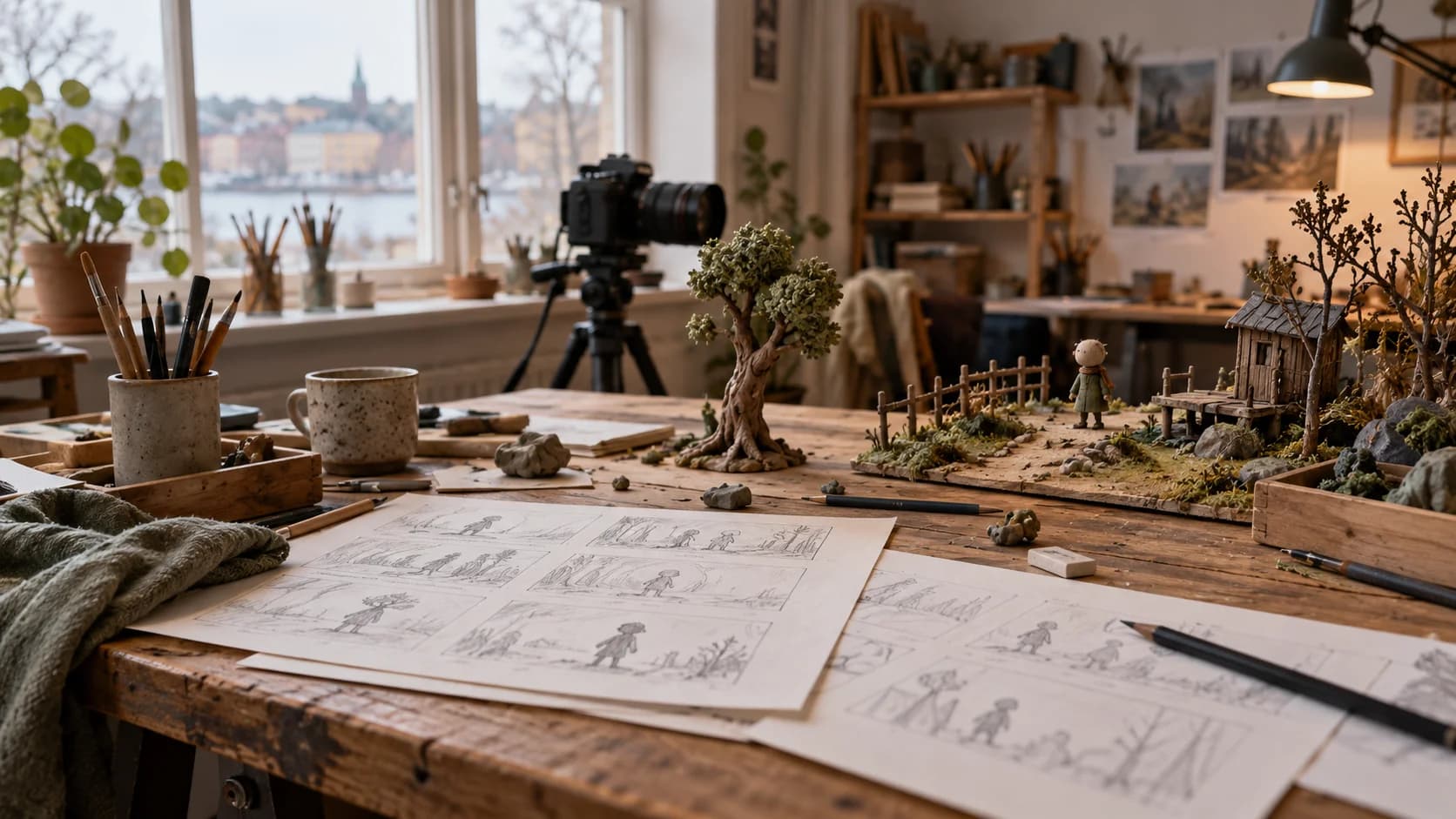Illustrativt bildkoncept: ett arbetsbord med storyboard, skissmaterial och miniatyrbygge.