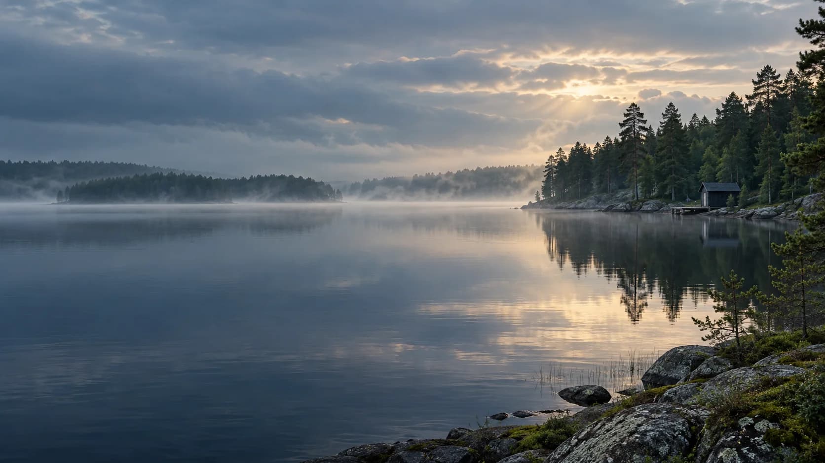 En nordisk sjö med skog, morgondimma och ett litet båthus.