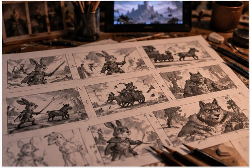 Storyboard med tecknade scener och karaktärer