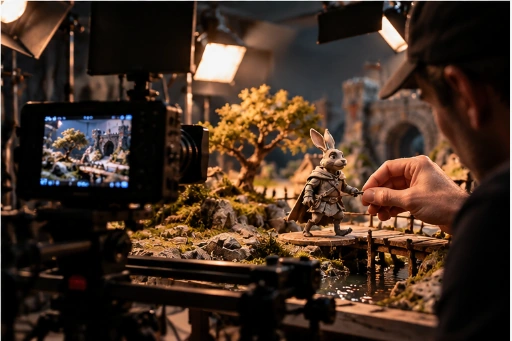 Stop motion-inspelning med kamera och en handgjord kaninkaraktär