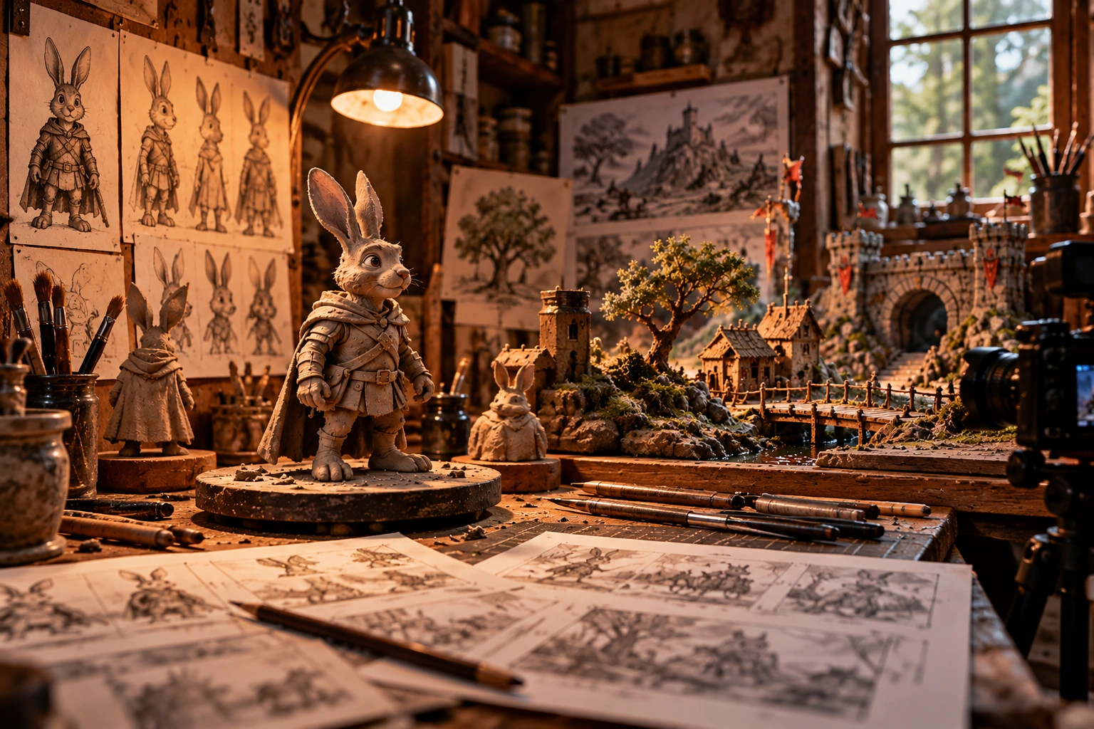 Animationsverkstad med handgjorda figurer, skisser och en fantasifull miniatyrmiljö