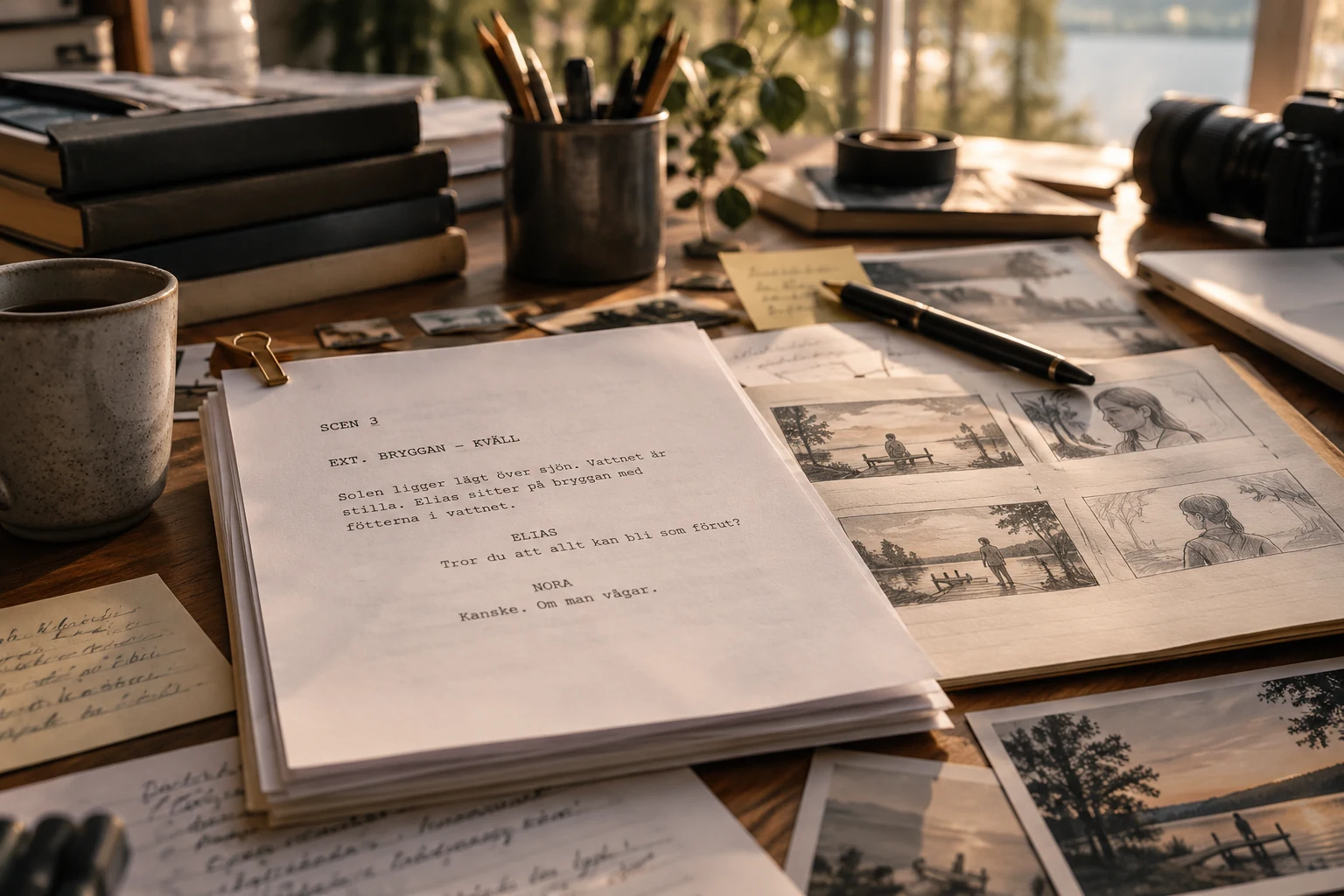 Svenskt filmmanus och storyboard på ett träbord